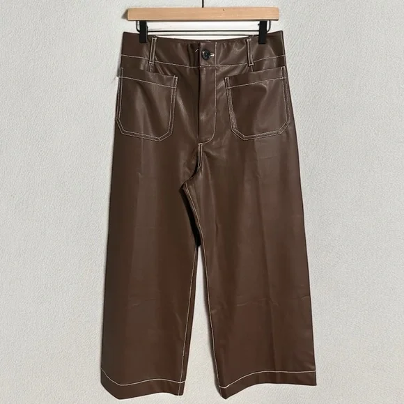 Anthropologie Maeve Colette Cropped Wide-Leg Pants Maeve Faux-Leather Top-Stitch - Picture 5 of 9